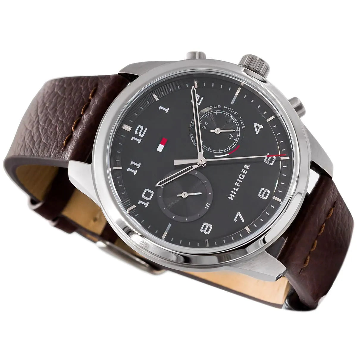 Tommy Hilfiger Patrick watch angled view highlighting dual-time subdials and leather strap