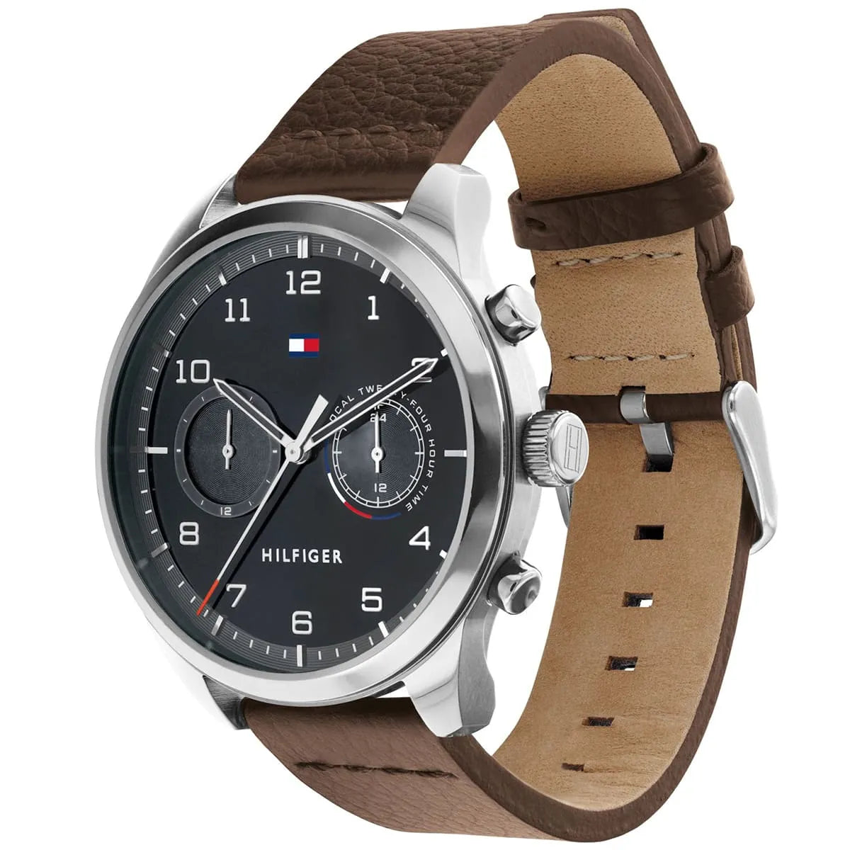 Tommy Hilfiger Patrick watch at angle showing grey dial, silver case and brown leather strap