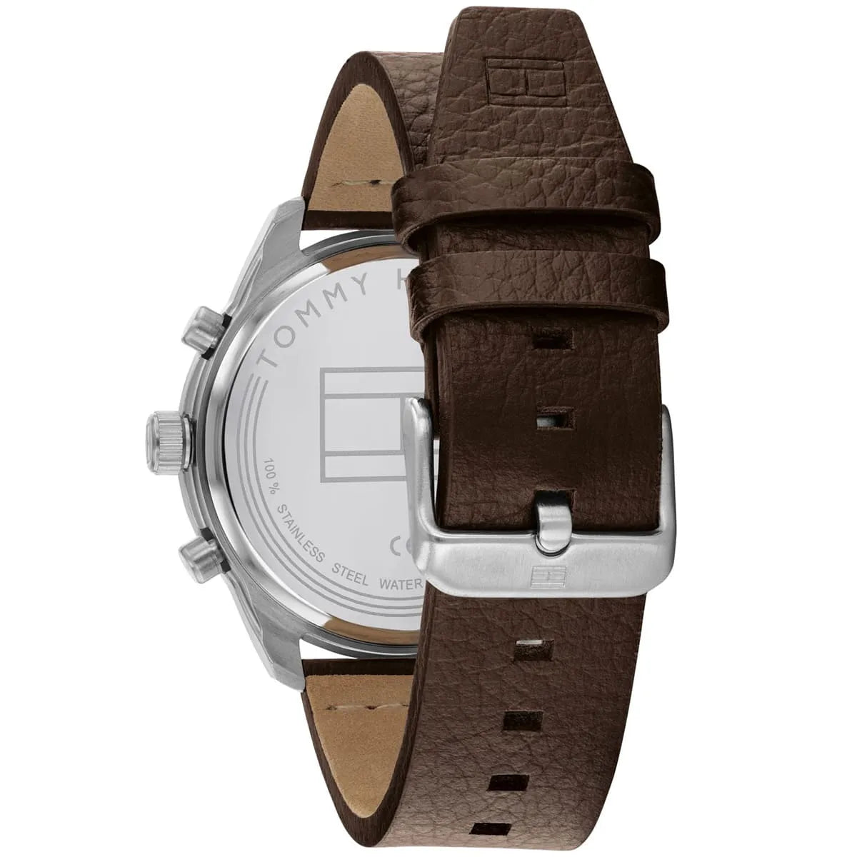 Tommy Hilfiger Patrick brown leather strap with silver buckle and contrast stitching