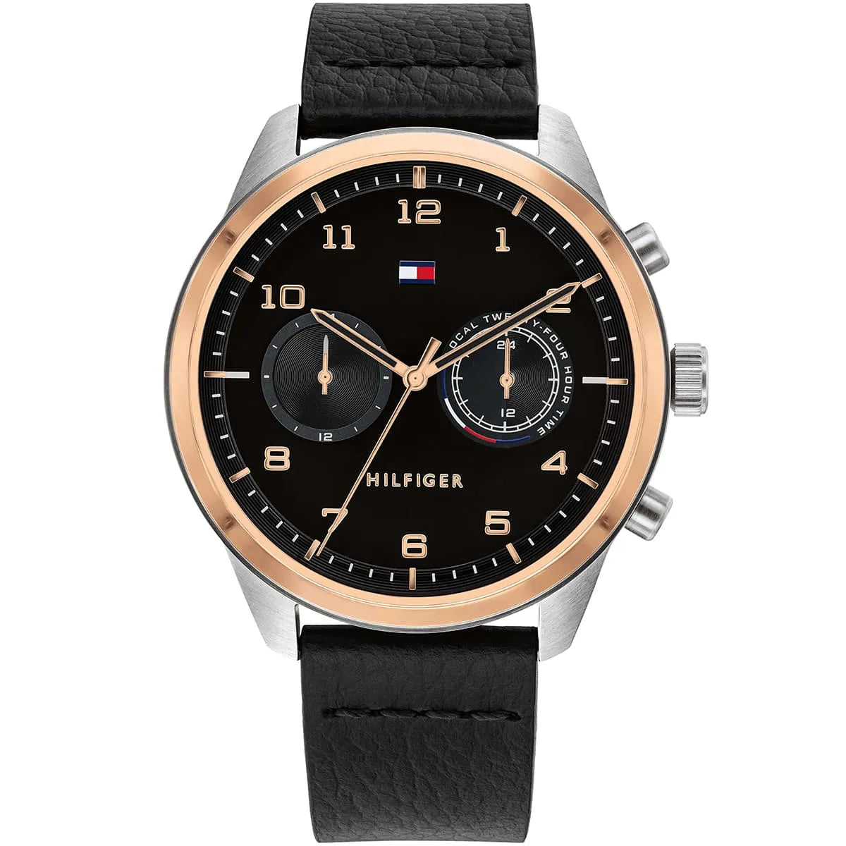 Tommy Hilfiger men's watch with black dial, rose gold bezel, and black leather strap