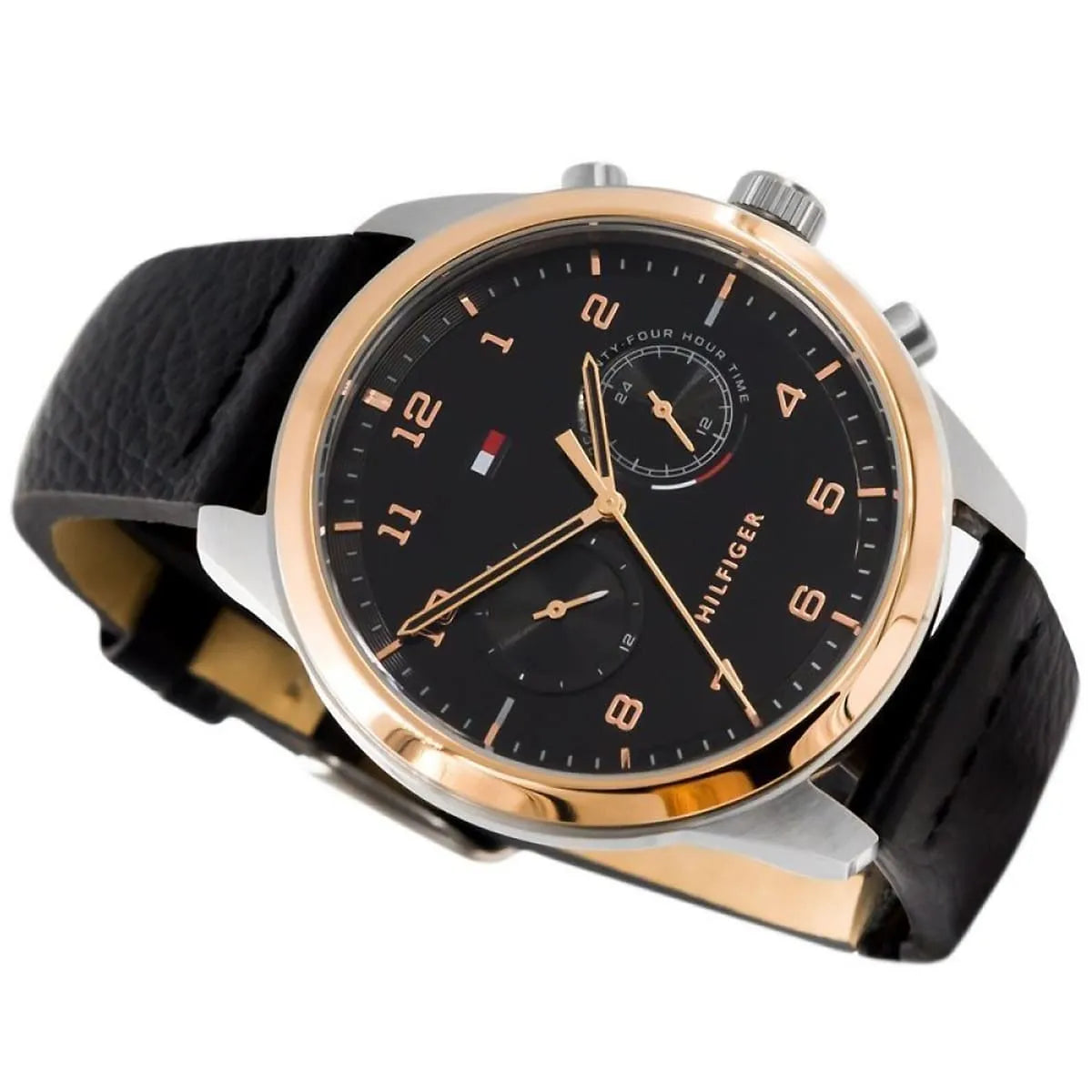 Three-quarter view of Tommy Hilfiger dual time watch with rose gold case accents