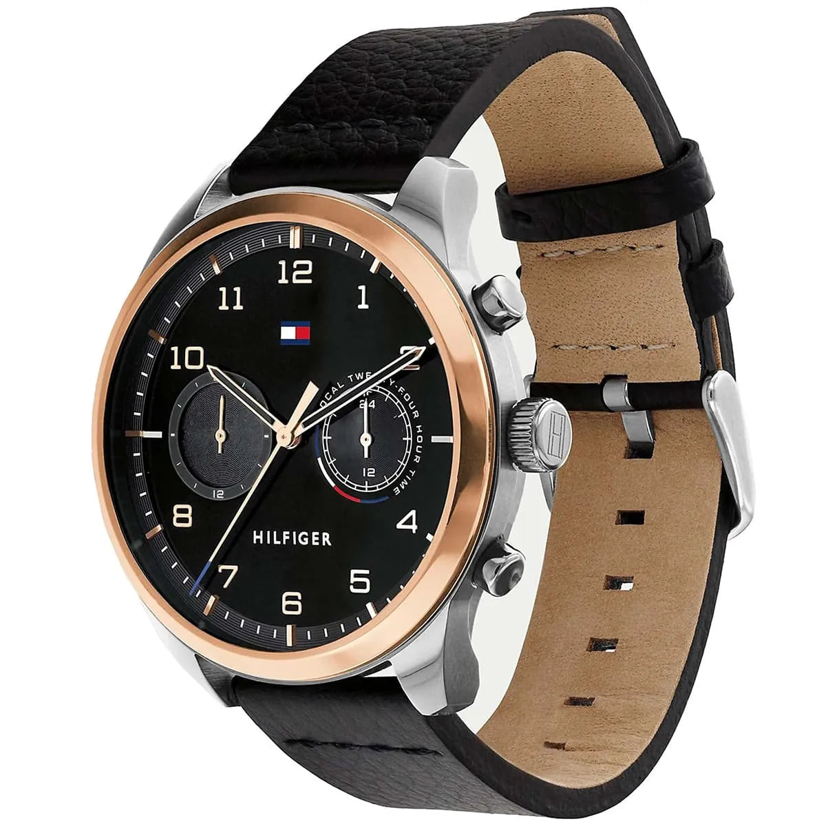 Side view of Tommy Hilfiger watch showing black leather strap with tan interior