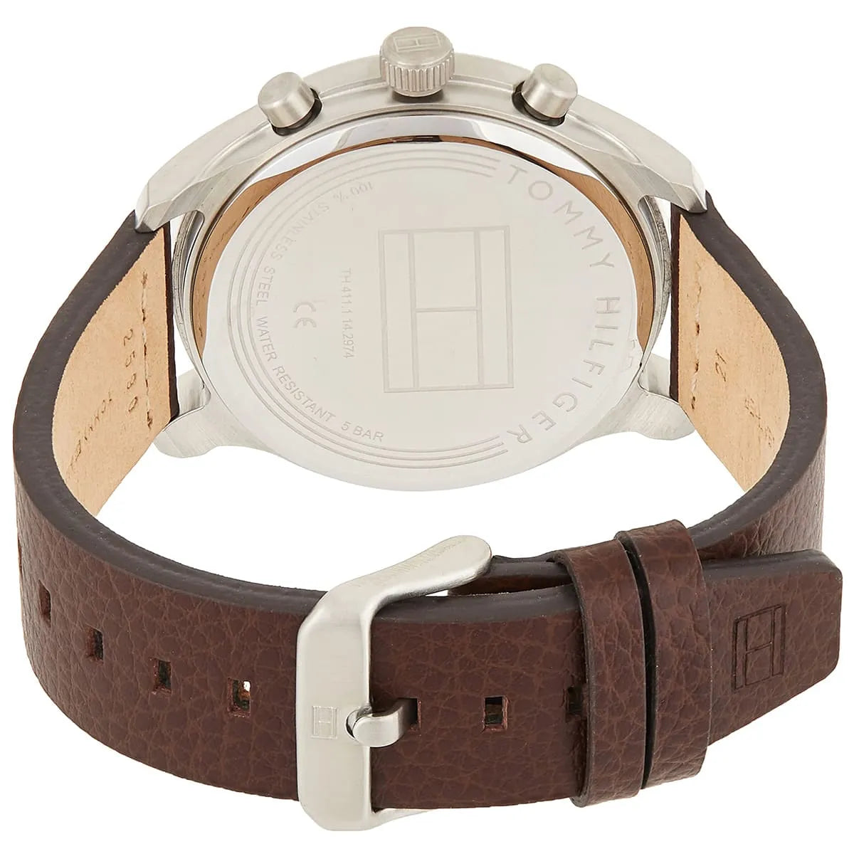 Tommy Hilfiger watch caseback showing engraved logo and water resistance marking