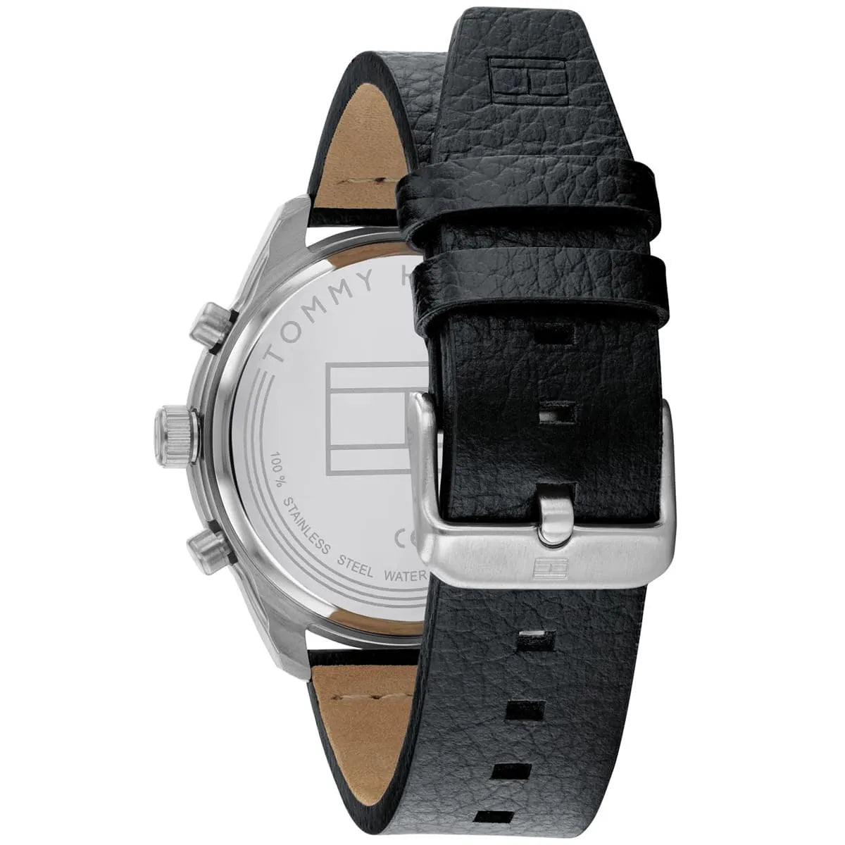 Side profile of Tommy Hilfiger watch with brown leather strap and deployant clasp