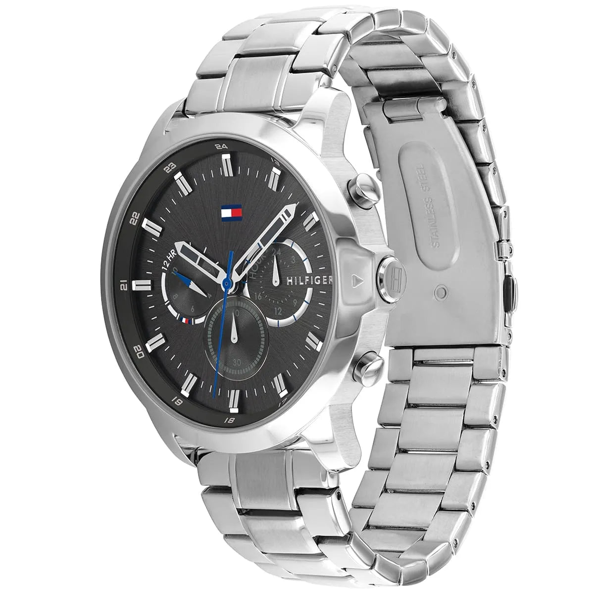 Tommy Hilfiger Jameson watch side and three-quarter view showing stainless steel bracelet