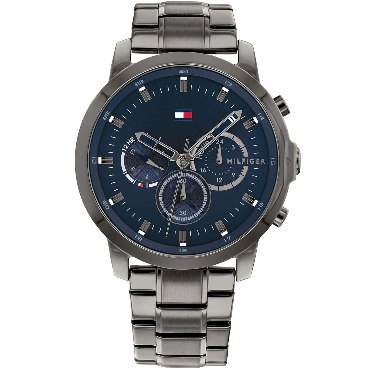 Tommy Hilfiger men's watch with blue dial, gray stainless steel case, chronograph subdials, and metal bracelet