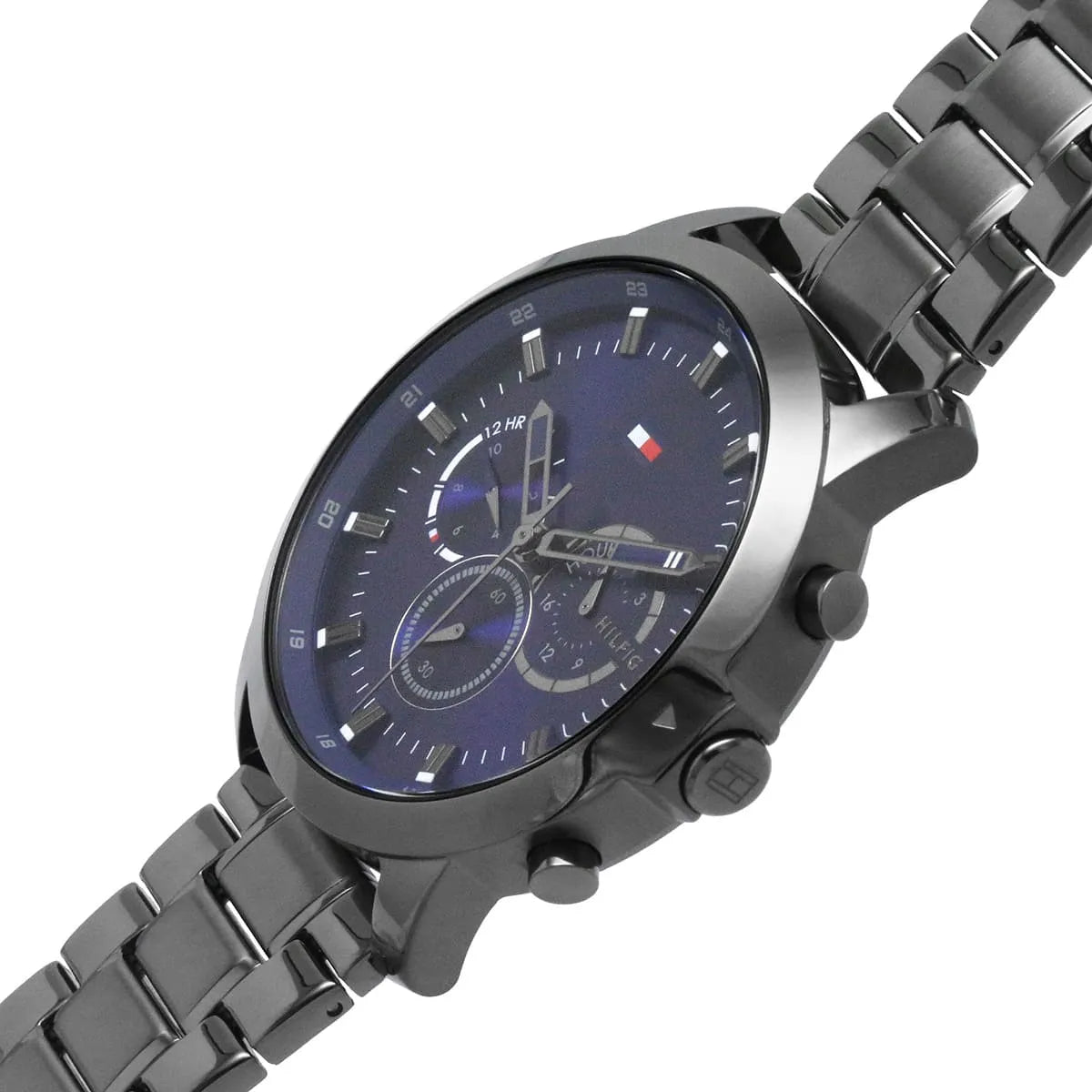 Side view of Tommy Hilfiger chronograph watch with blue dial and metal bracelet