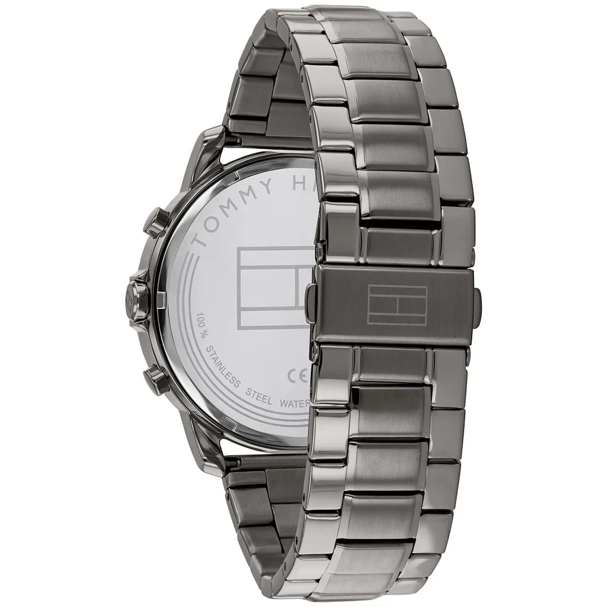 Stainless steel metal bracelet detail with layered gray finish and clasp