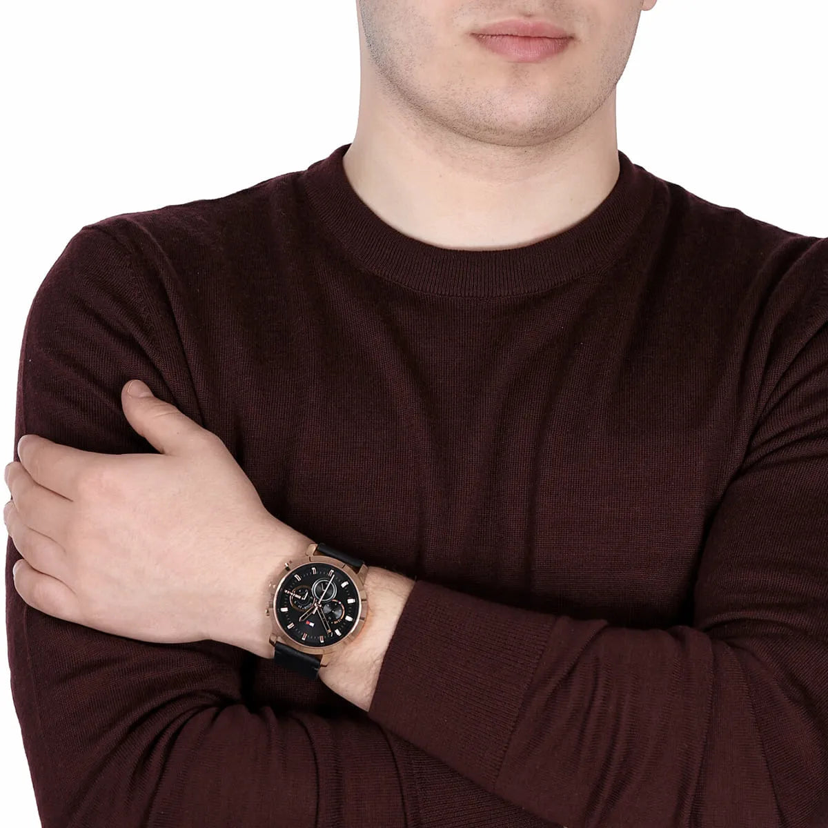 Man wearing Tommy Hilfiger Jameson chronograph watch on wrist