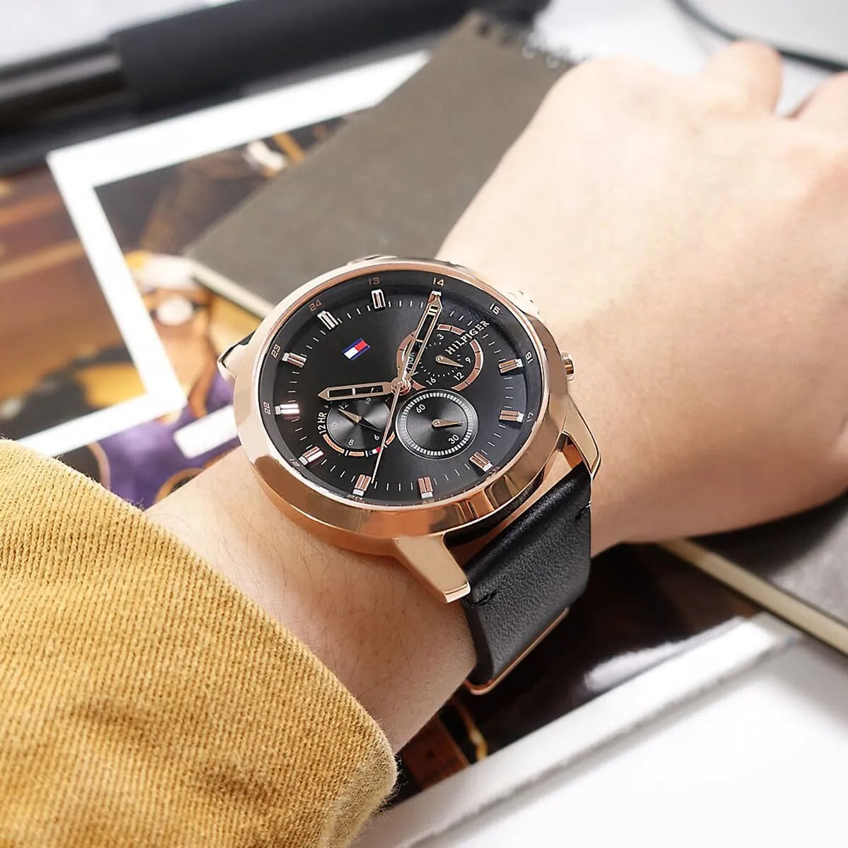 Tommy Hilfiger Jameson chronograph watch worn on wrist with black strap