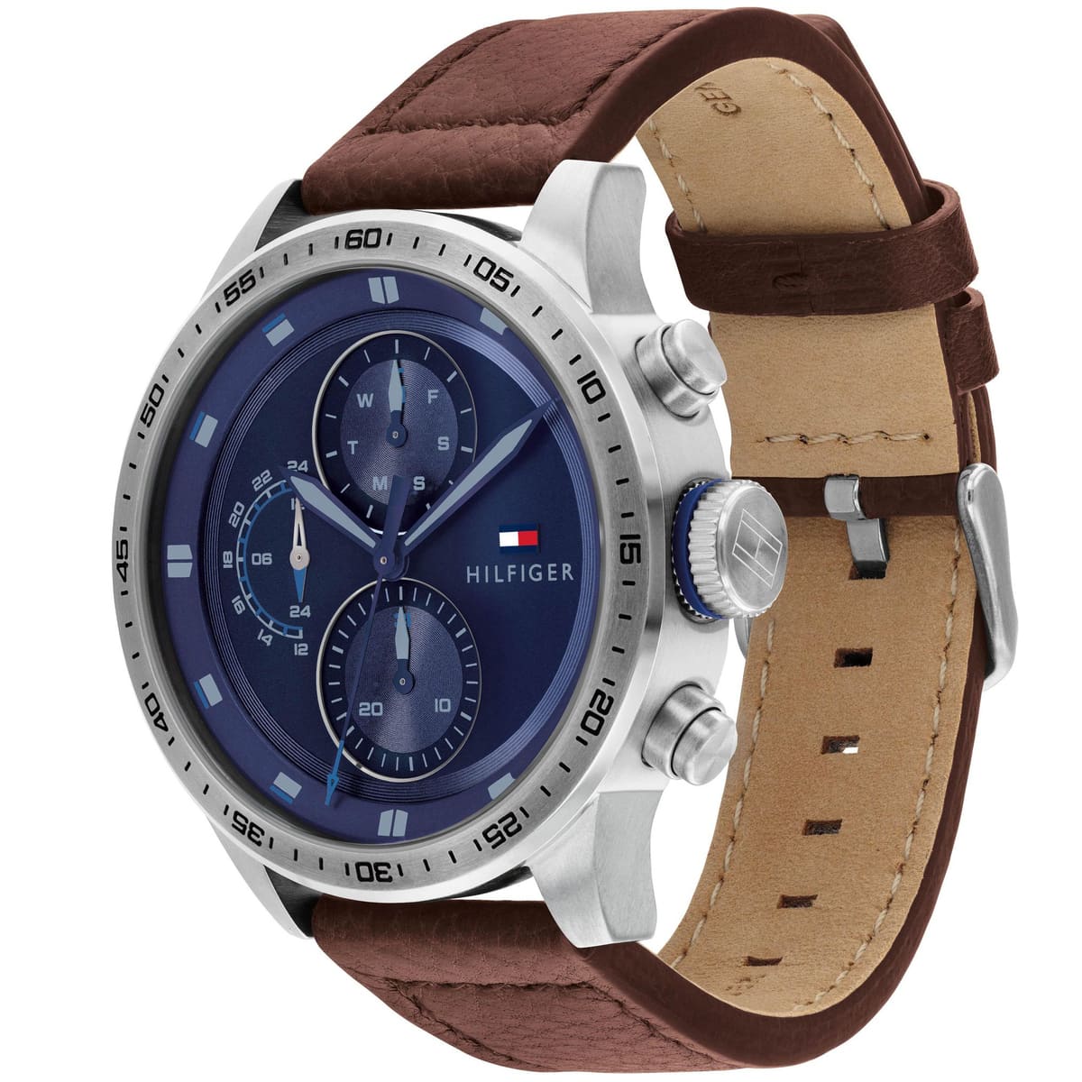 Tommy Hilfiger chronograph watch at angle showing dual subdials and leather strap detail