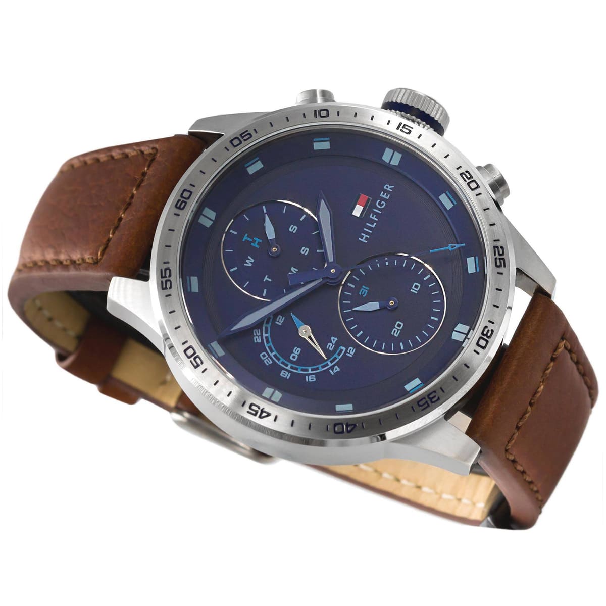Tommy Hilfiger chronograph watch angled view with blue dial and dual subdials visible