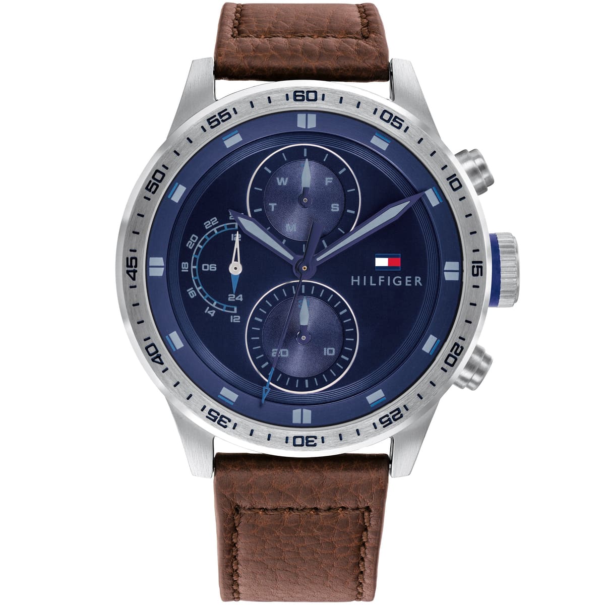 Tommy Hilfiger chronograph watch with blue dial, steel case, and brown leather strap