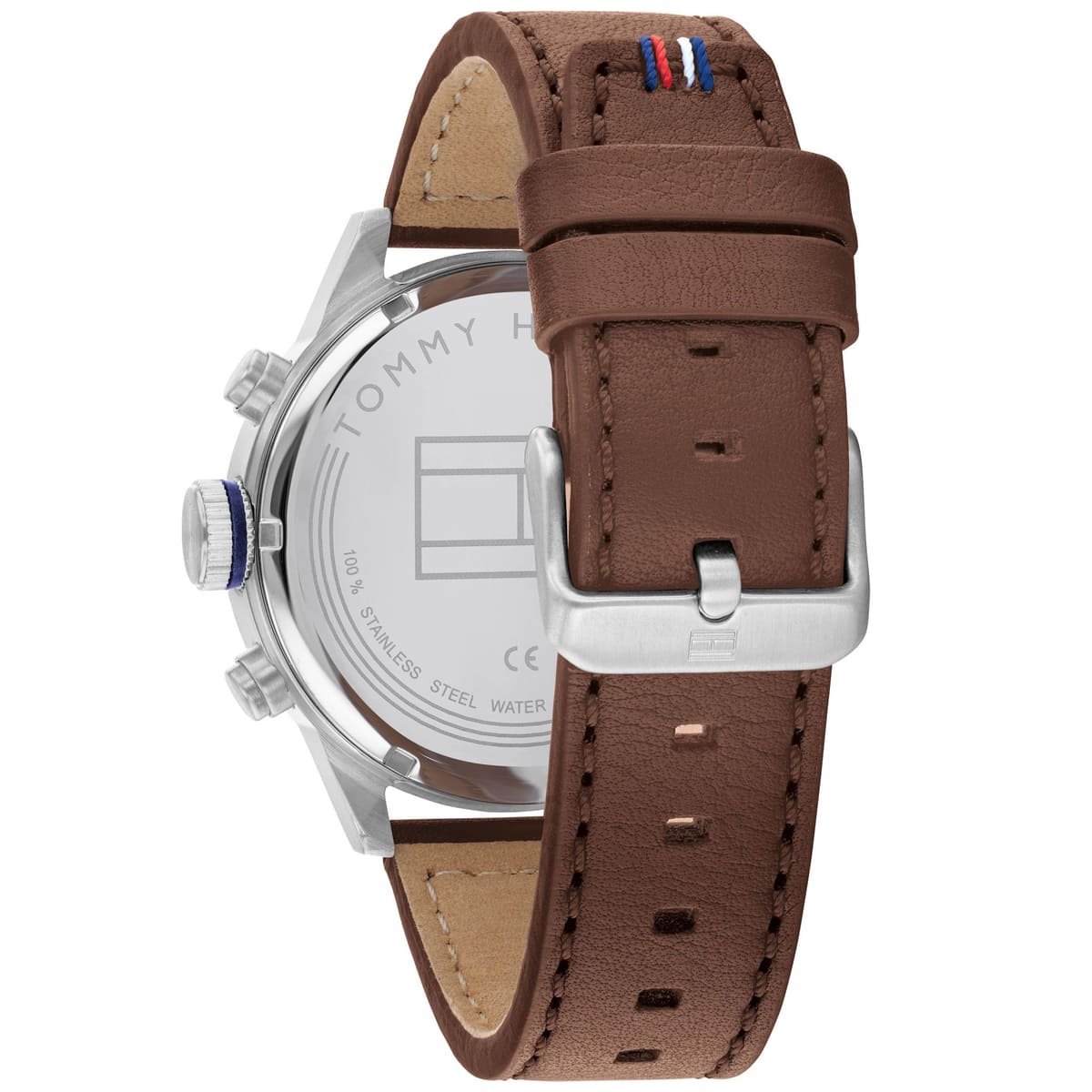 Tommy Hilfiger watch side view displaying chronograph pushers and brown leather strap