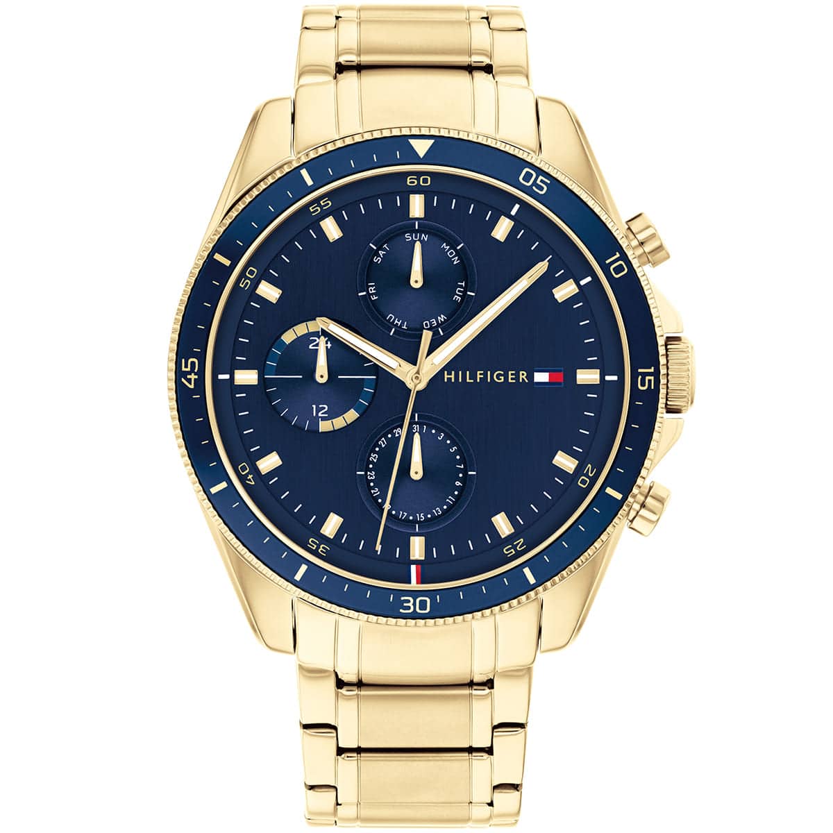 Tommy Hilfiger men's chronograph watch with navy blue dial and gold-tone stainless steel case