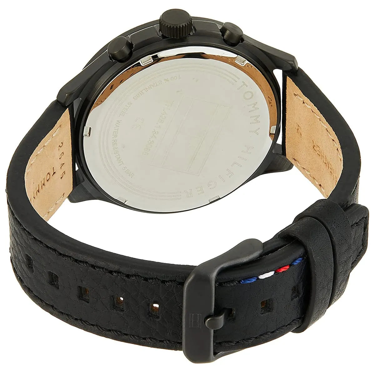 Tommy Hilfiger Asher watch caseback with stainless steel display back and black leather strap