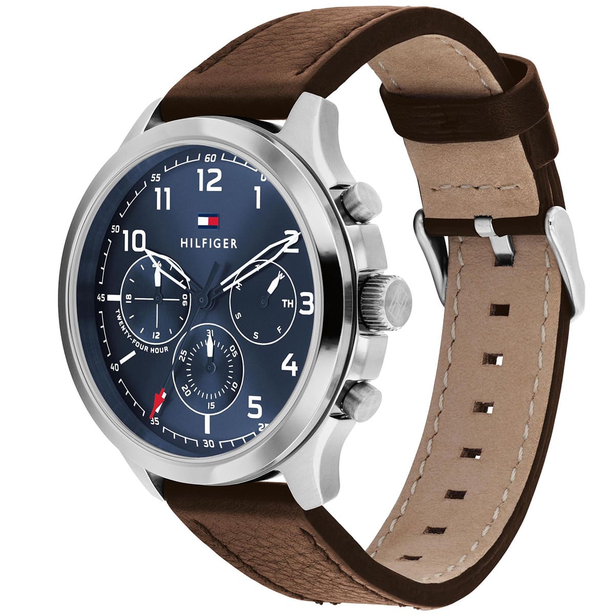 Tommy Hilfiger ASHER watch at angle showing steel case, brown leather strap, and blue chronograph dial