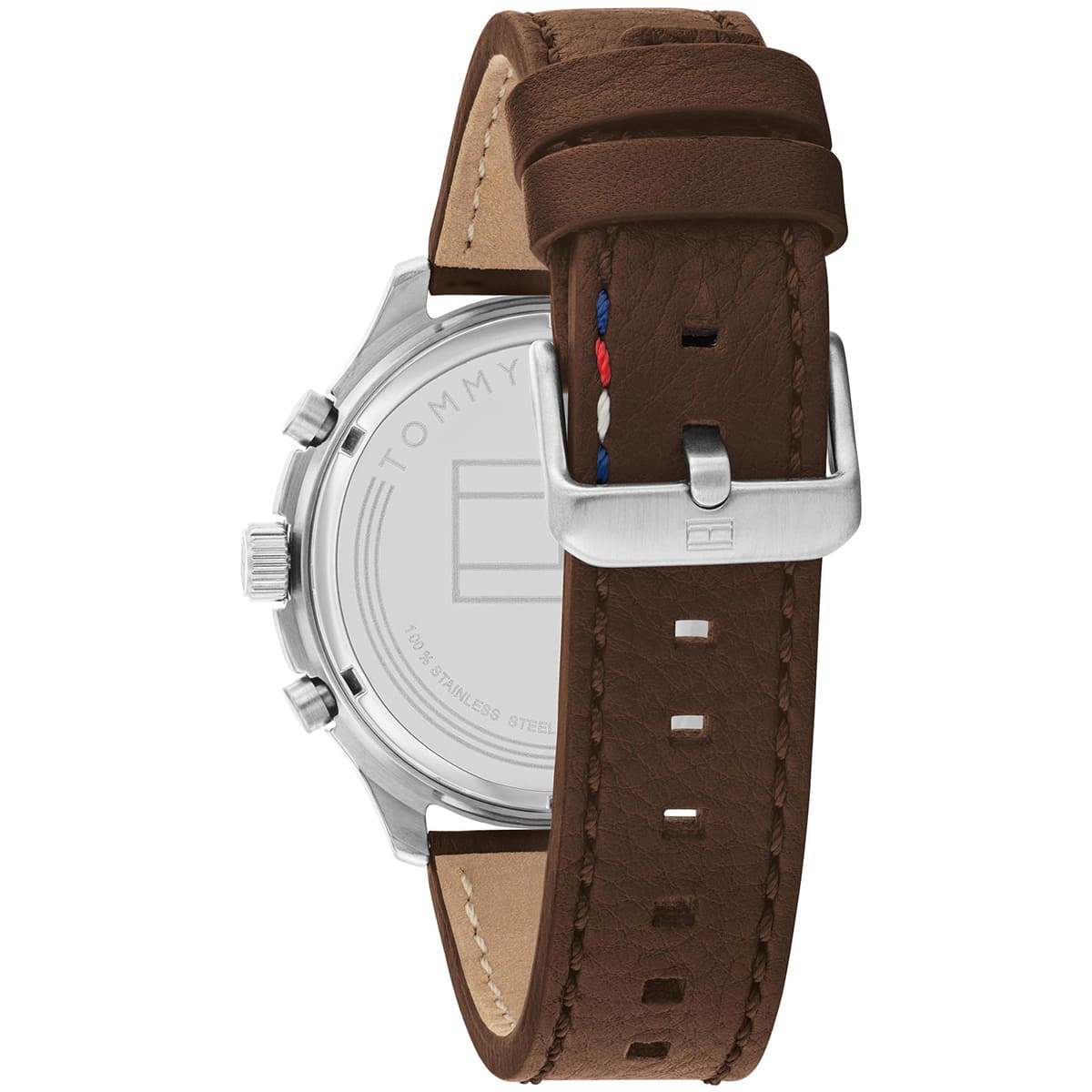 Tommy Hilfiger ASHER watch side view displaying brown leather strap with stitch detailing