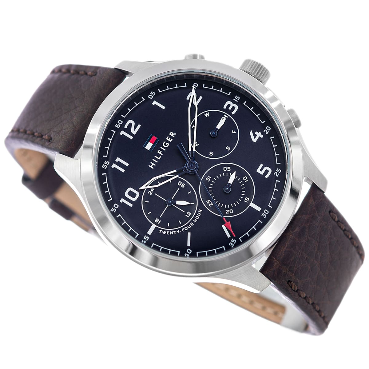 Tommy Hilfiger ASHER chronograph watch tilted view showing dial and brown leather band