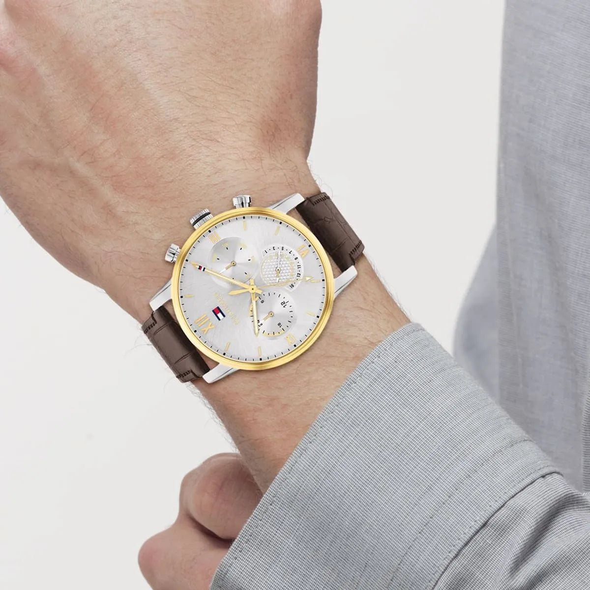 Tommy Hilfiger Multifunction Silver Round Dial Brown Leather Strap Watch For Men - 1791884