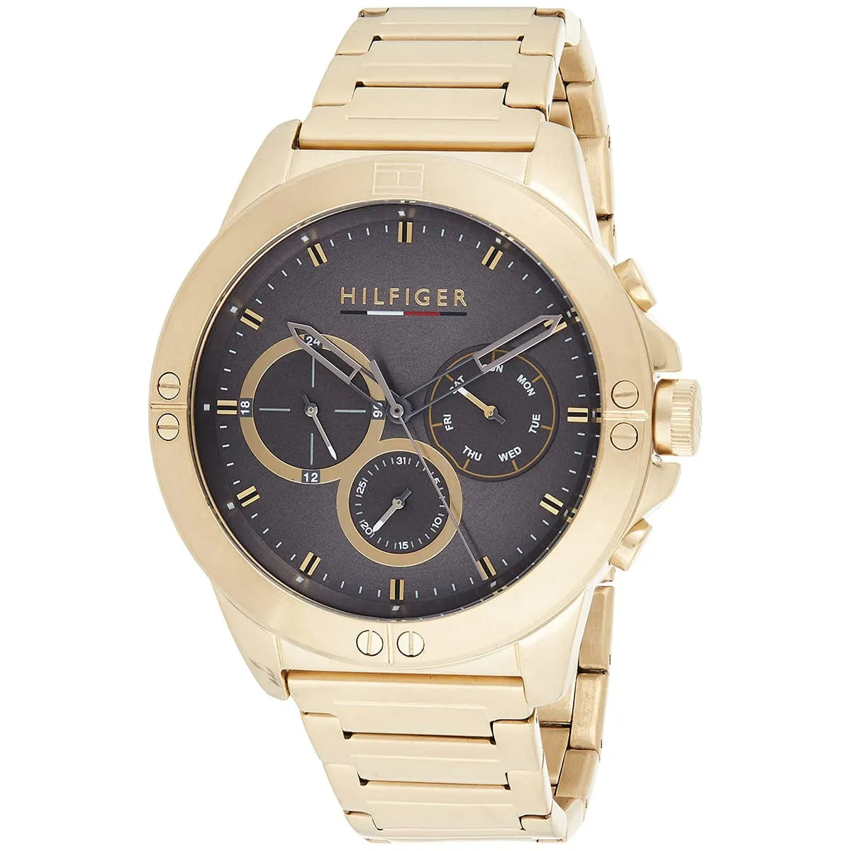 Tommy Hilfiger Mason watch angled view showing grey chronograph dial and gold bracelet