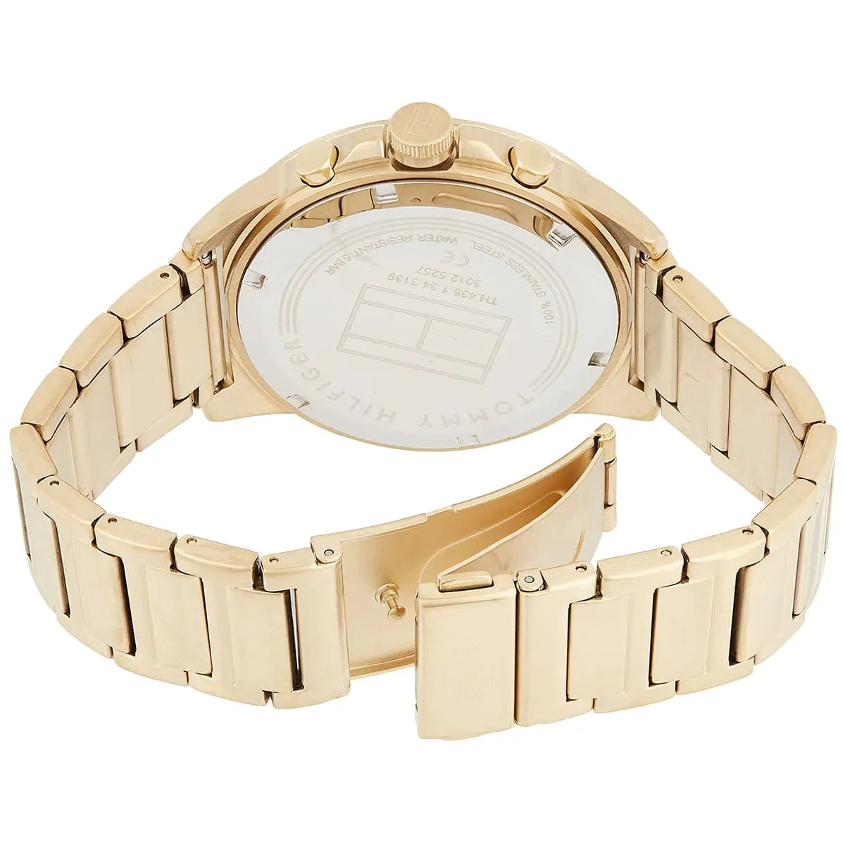 Tommy Hilfiger Mason watch caseback detail with gold case and metal bracelet