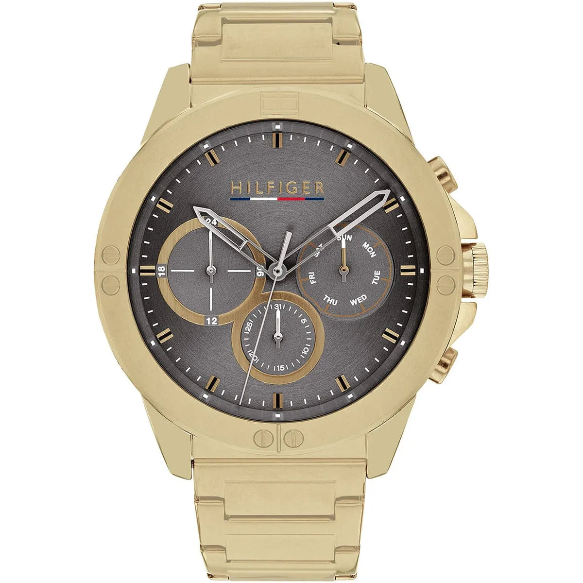 Tommy Hilfiger Mason gold chronograph watch with grey dial and gold metal bracelet