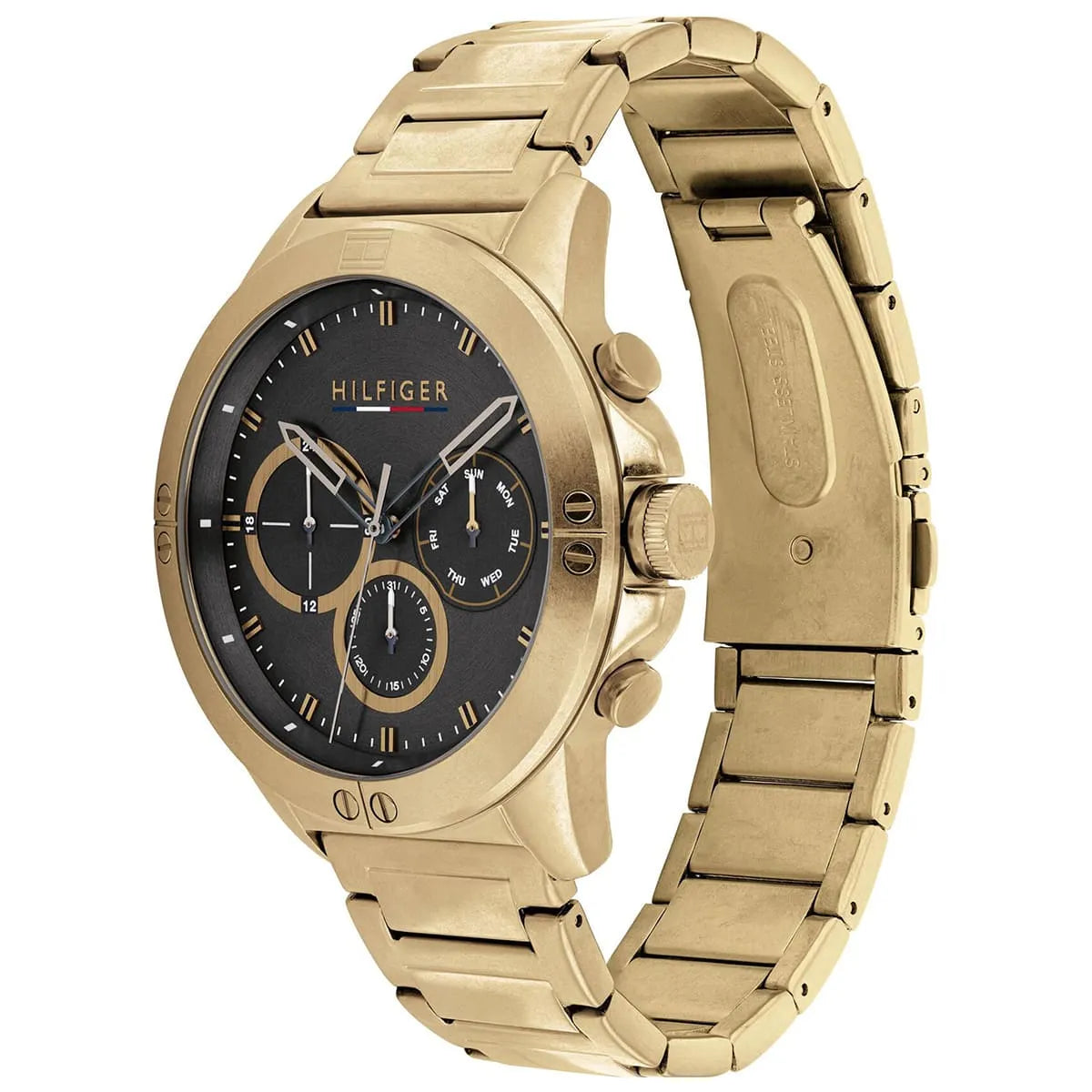 Tommy Hilfiger Mason watch side view displaying gold case and metal link bracelet