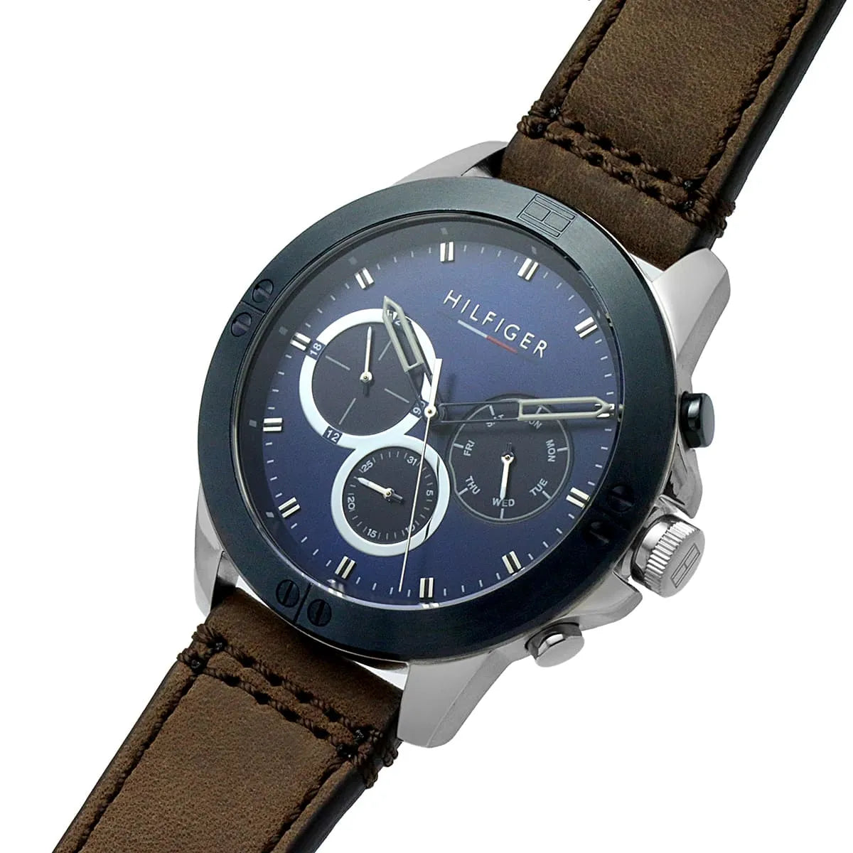 Tommy Hilfiger Harley chronograph angled view showcasing blue dial and brown leather strap