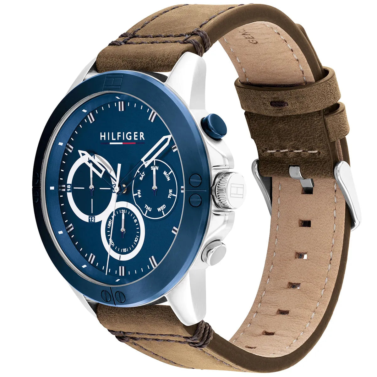 Tommy Hilfiger Harley chronograph with blue dial and brown leather strap, angled view