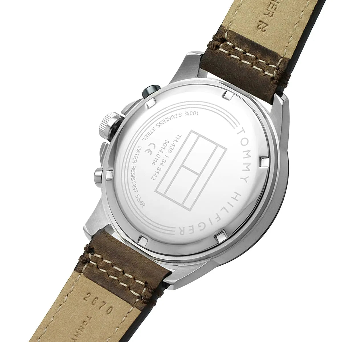 Tommy Hilfiger Harley watch caseback showing engraved detail and water-resistant specifications