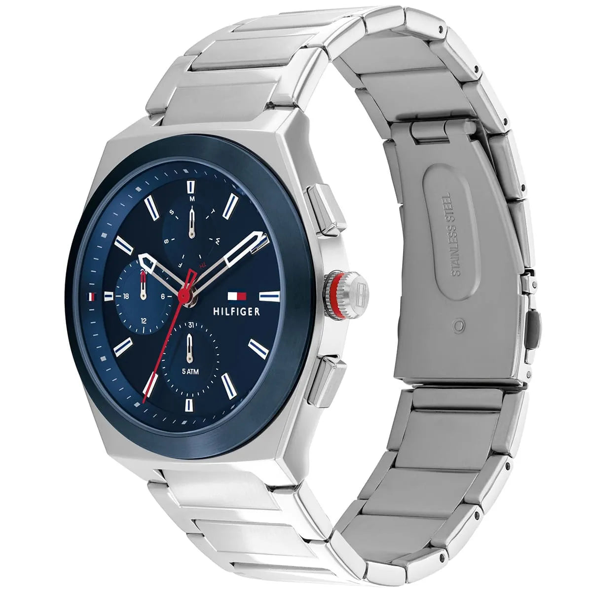 Tommy Hilfiger Connor watch shown at angle displaying blue dial and metal bracelet
