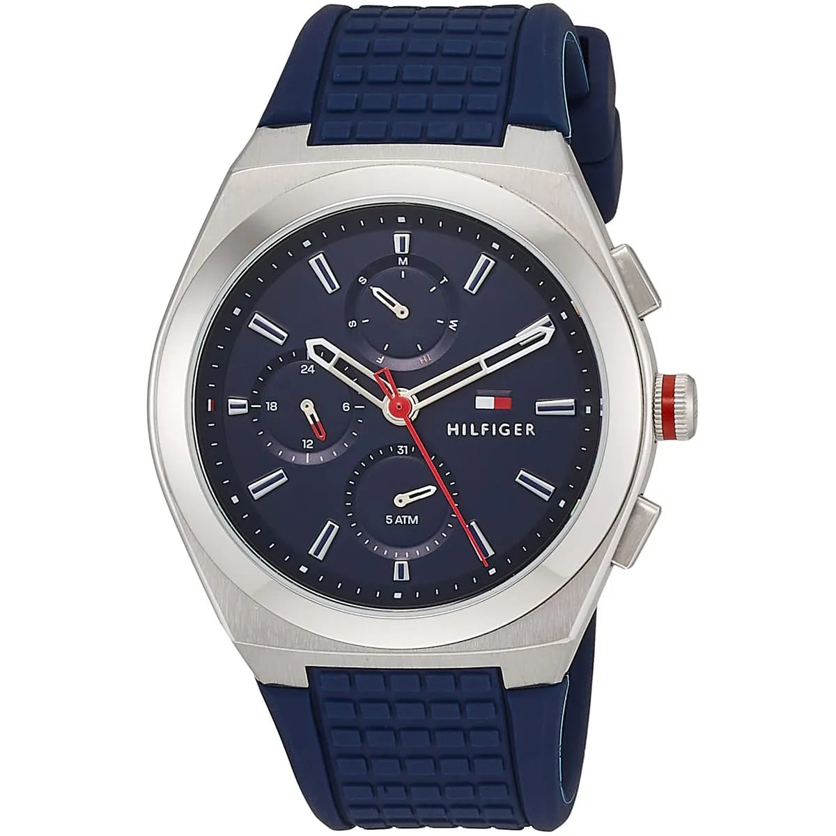Tommy Hilfiger Connor watch at three-quarter angle with blue rubber strap