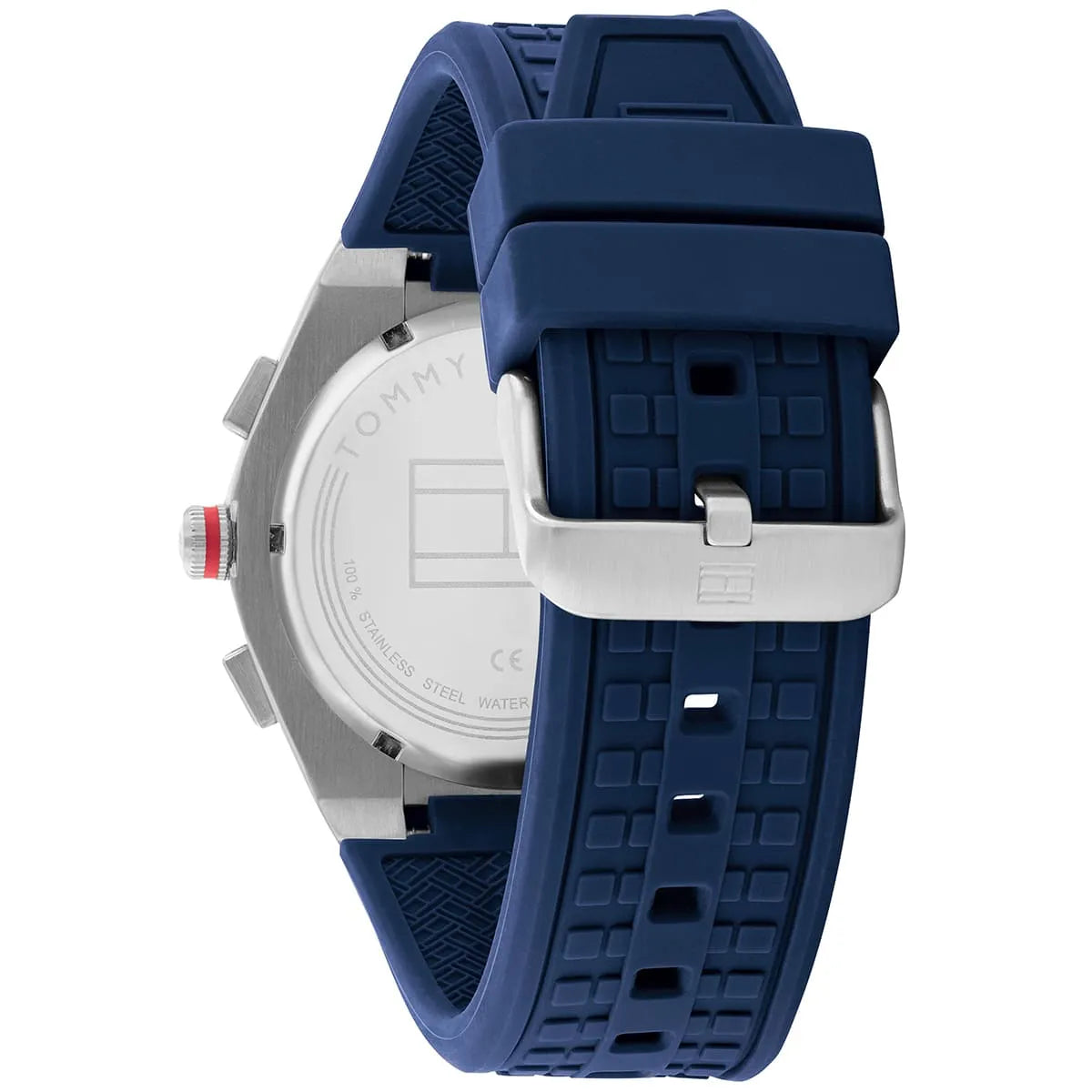 Caseback view of Tommy Hilfiger Connor watch with blue rubber strap