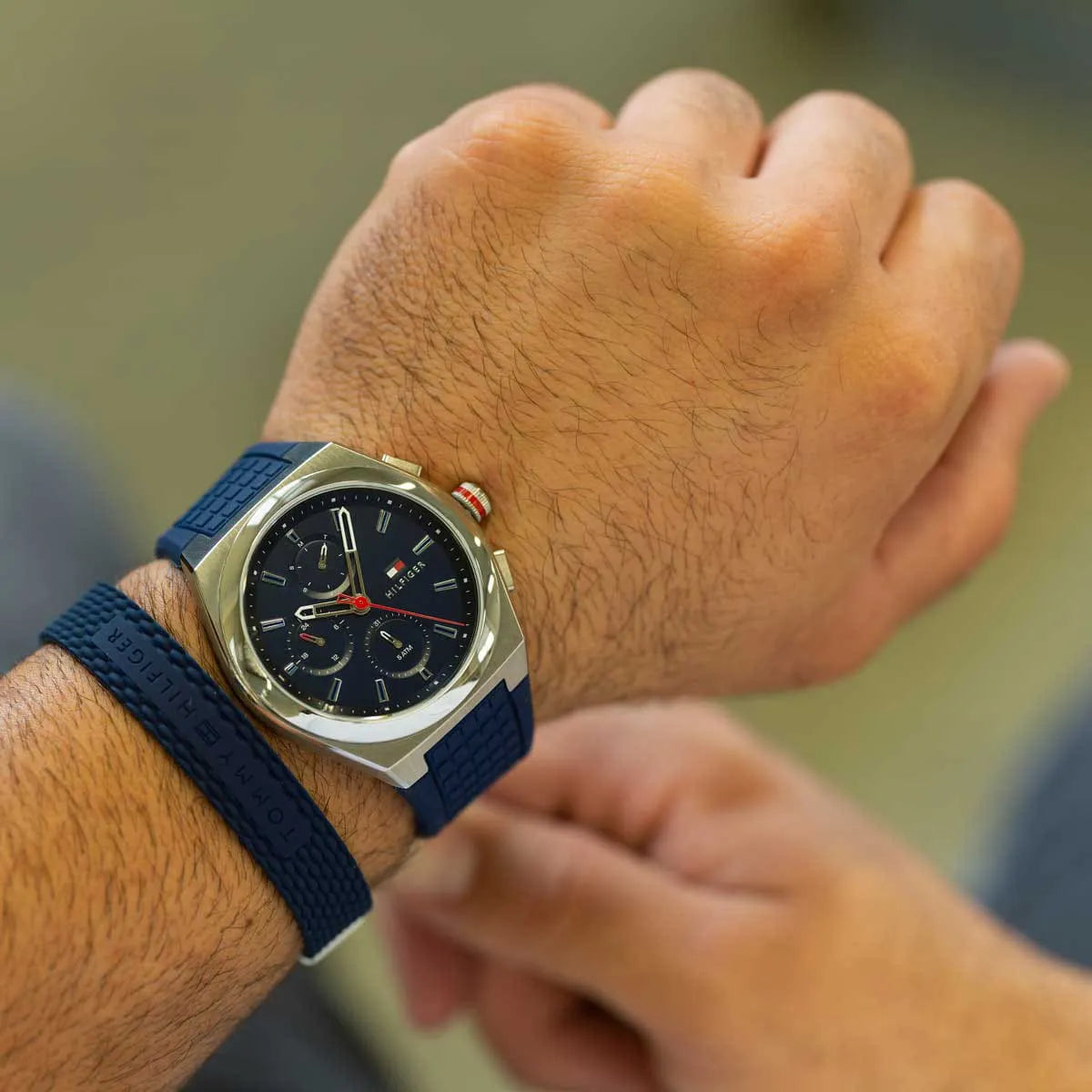 Tommy Hilfiger Connor chronograph watch worn on male wrist