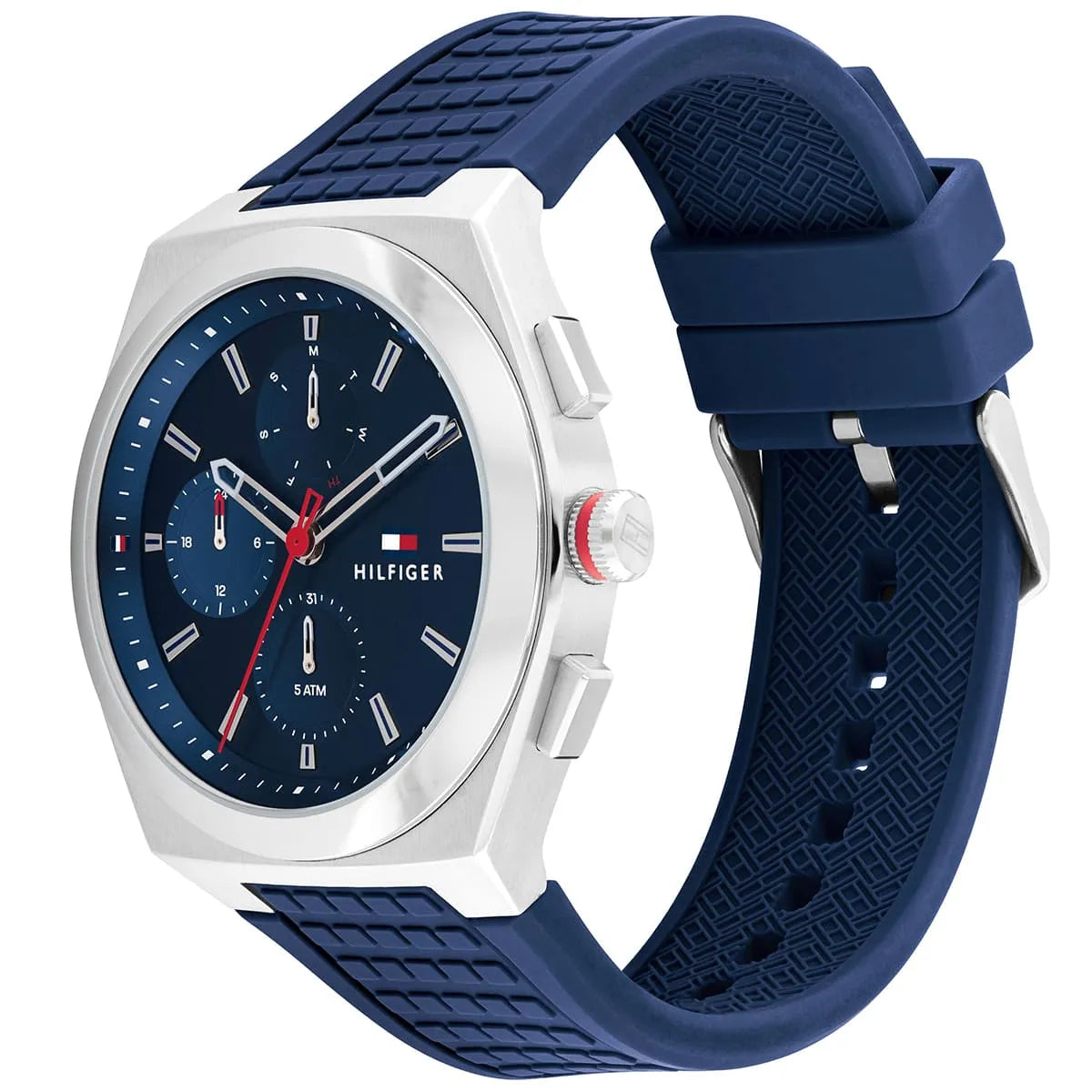 Side view of Tommy Hilfiger Connor watch showing silver case and blue strap