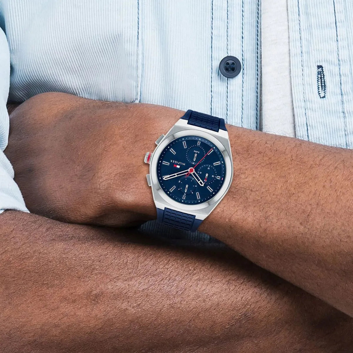 Tommy Hilfiger Connor watch on wrist with white shirt cuff visible