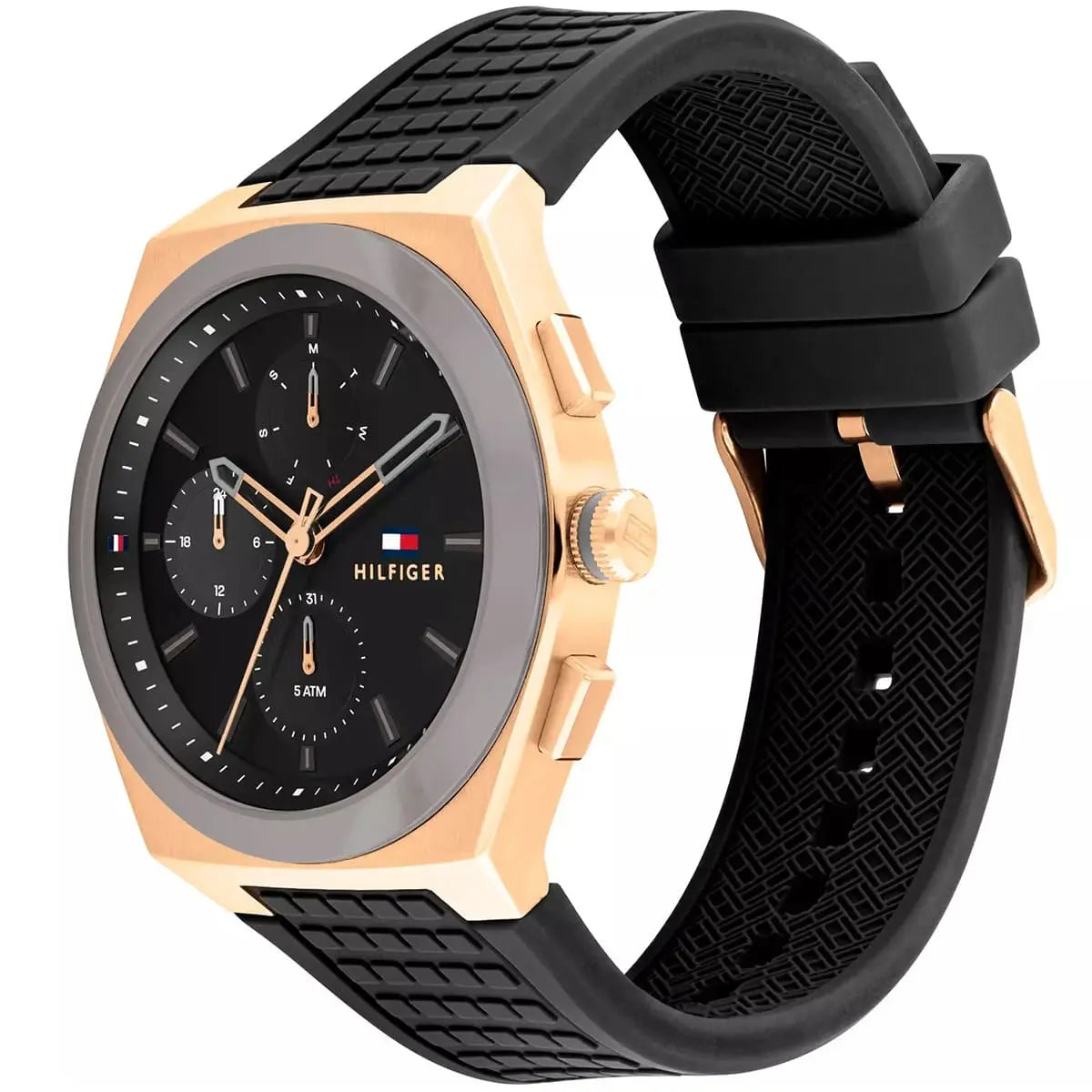 Tommy Hilfiger Connor watch displaying rose gold case with black rubber strap side view
