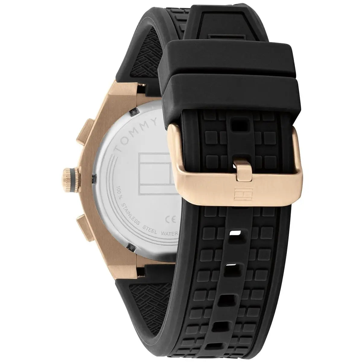 Tommy Hilfiger Connor watch caseback showing rose gold case with black rubber strap