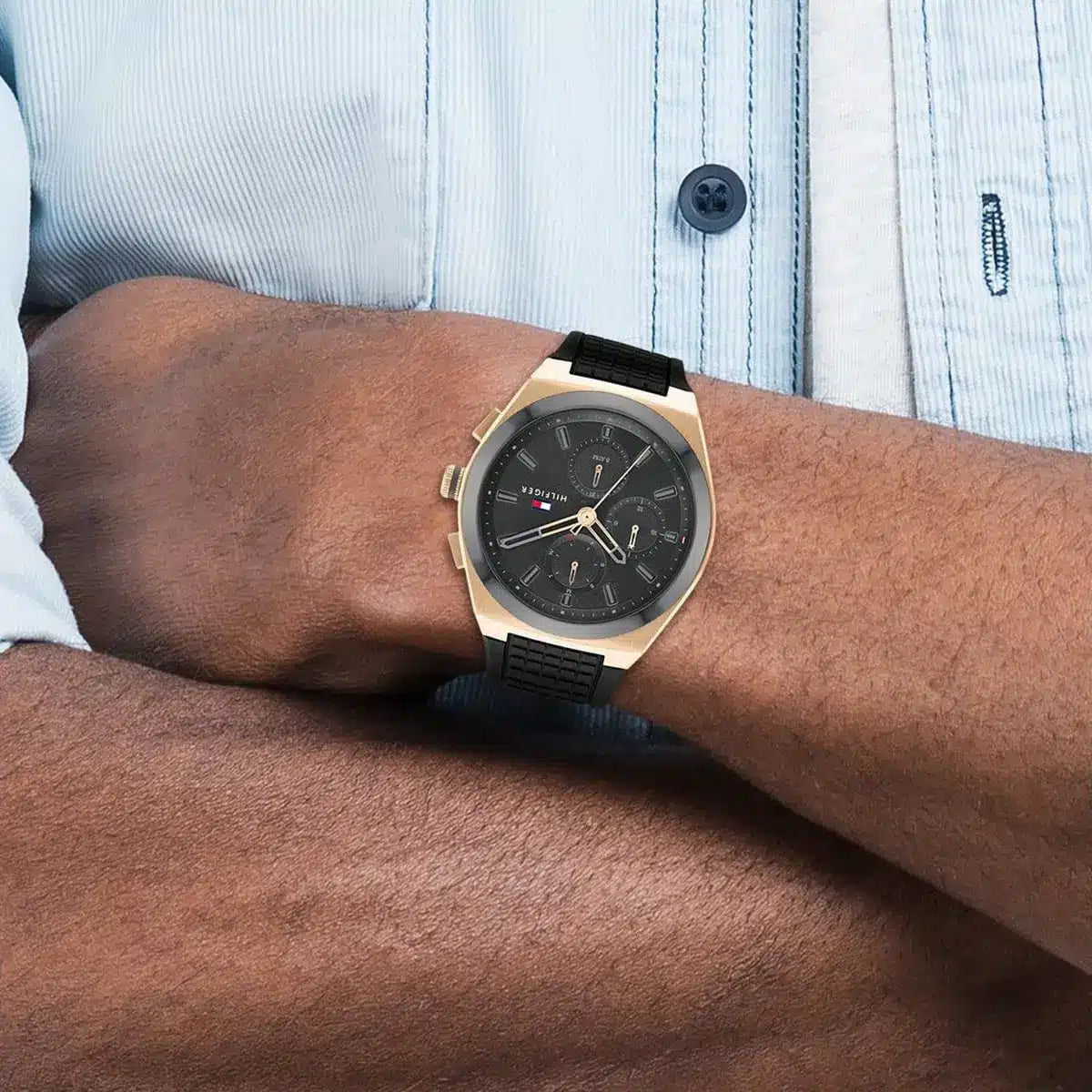 Tommy Hilfiger Connor men's chronograph watch worn on wrist with black strap