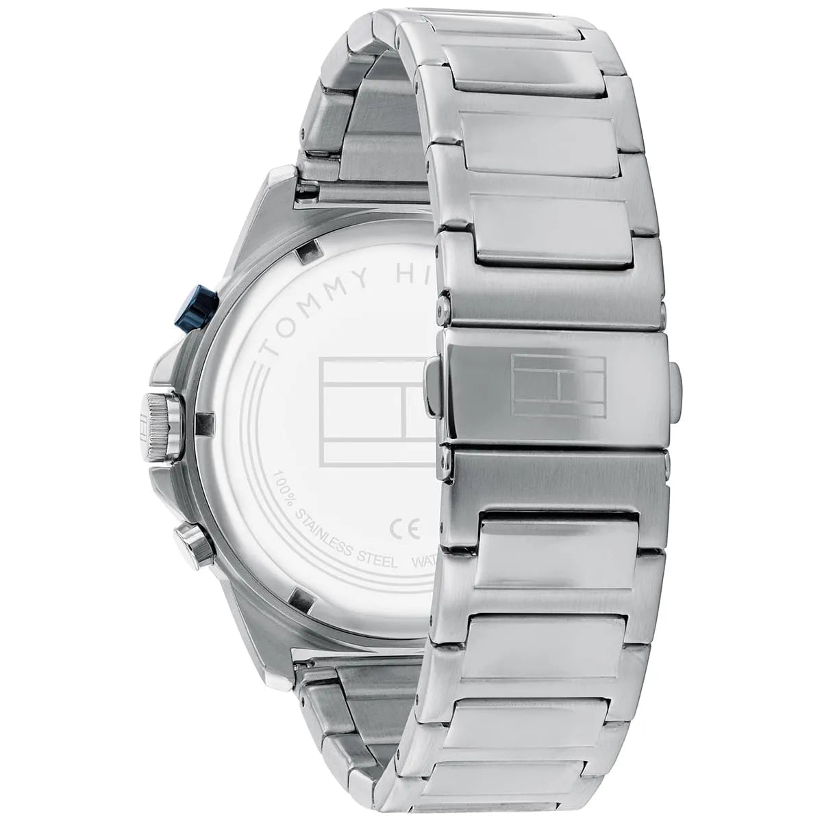 Tommy Hilfiger Harley watch caseback showing stainless steel bracelet clasp