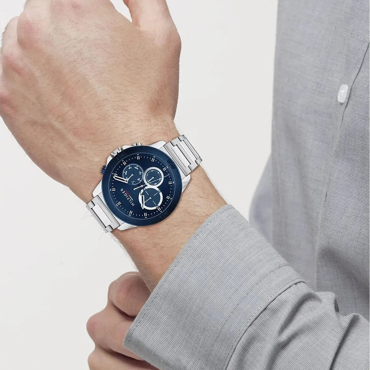 Tommy Hilfiger Harley chronograph watch worn on wrist with blue dial visible
