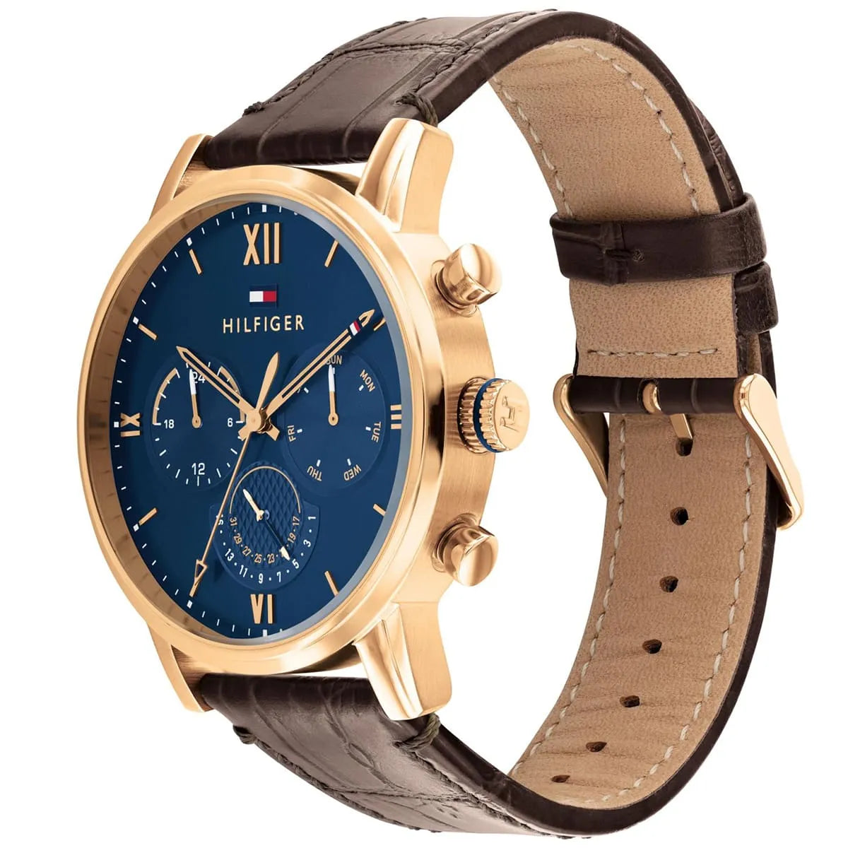Side angle view of Tommy Hilfiger watch showing rose gold case and brown quilted leather strap