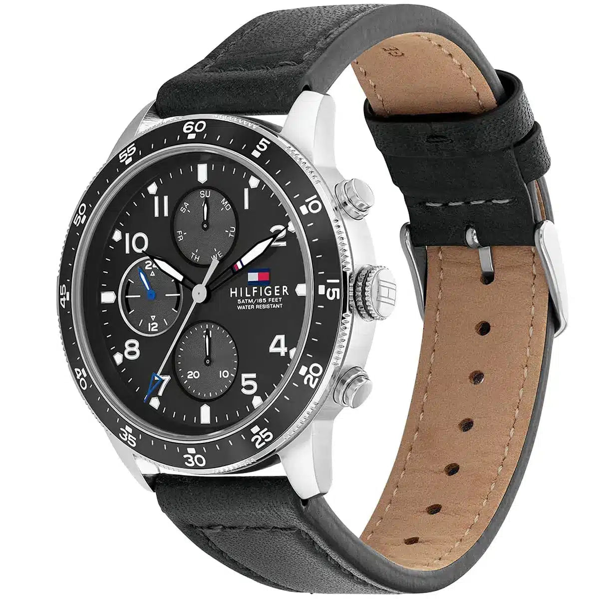 Tommy Hilfiger Jimmy watch shown from angle with leather strap detail