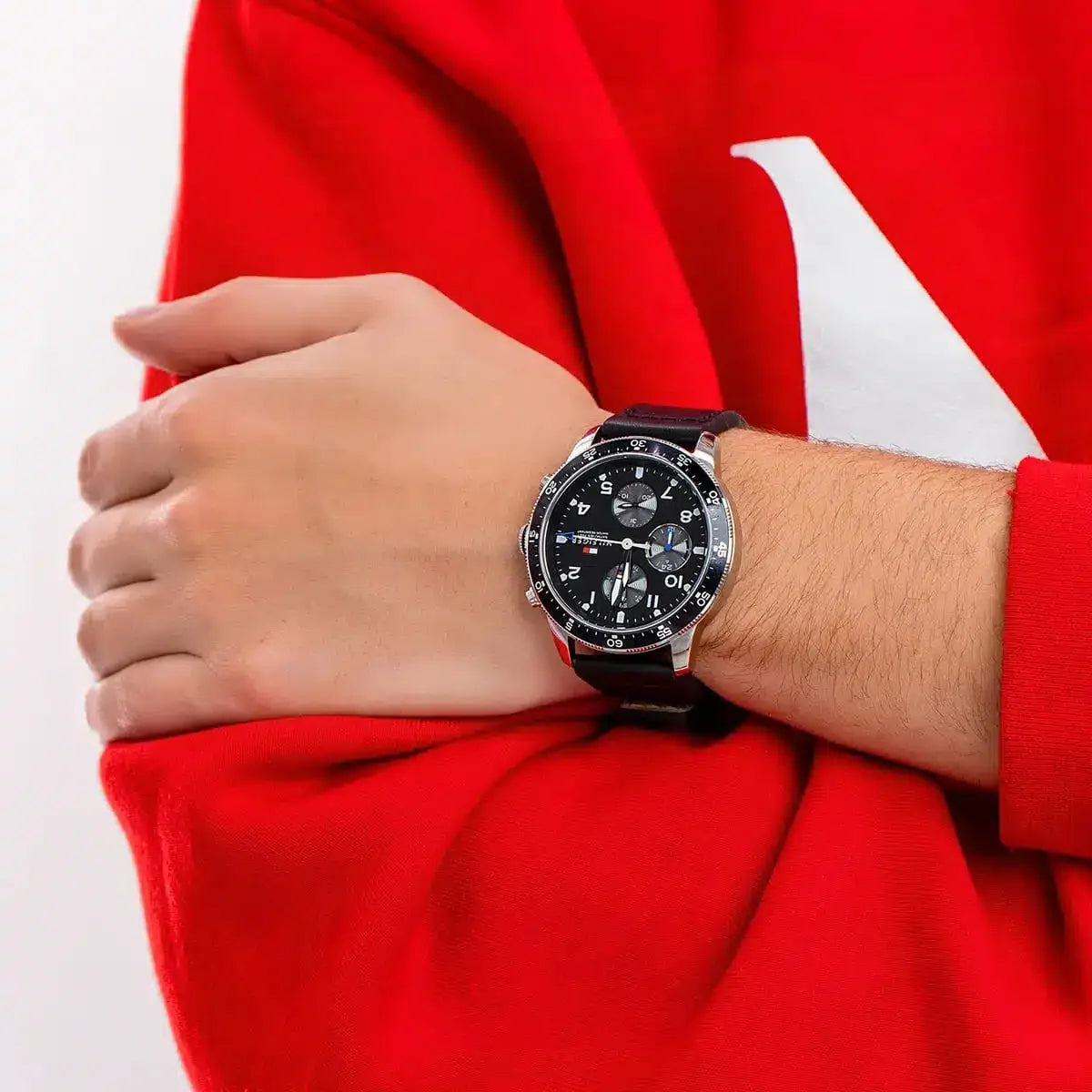 Tommy Hilfiger Jimmy chronograph watch worn on wrist