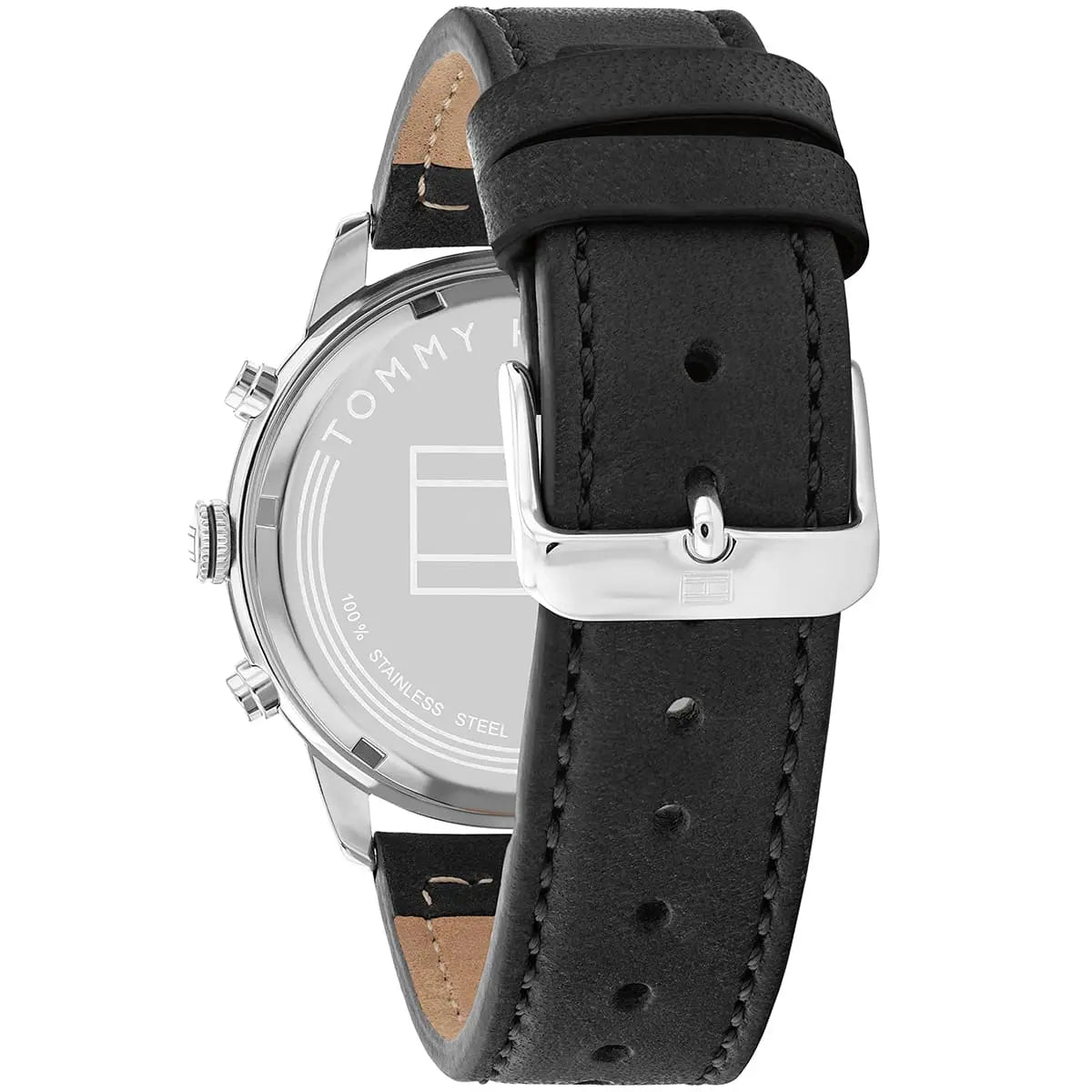 Side view of Tommy Hilfiger Jimmy watch showing chronograph pushers and strap