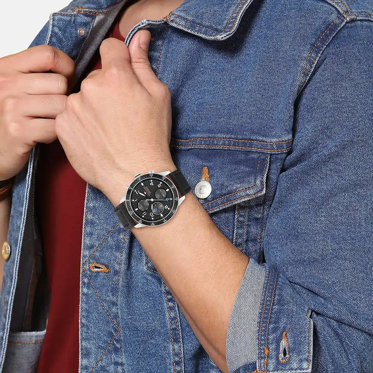 Tommy Hilfiger Jimmy watch on wrist with denim shirt