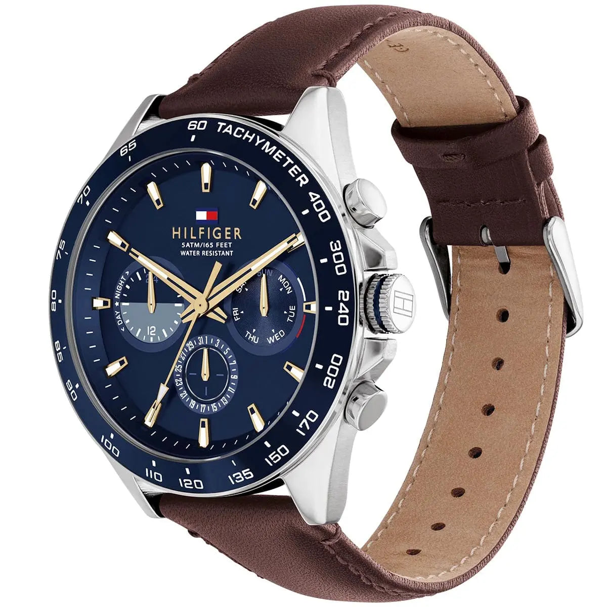 Tommy Hilfiger Owen watch angled view showing silver case and brown leather strap