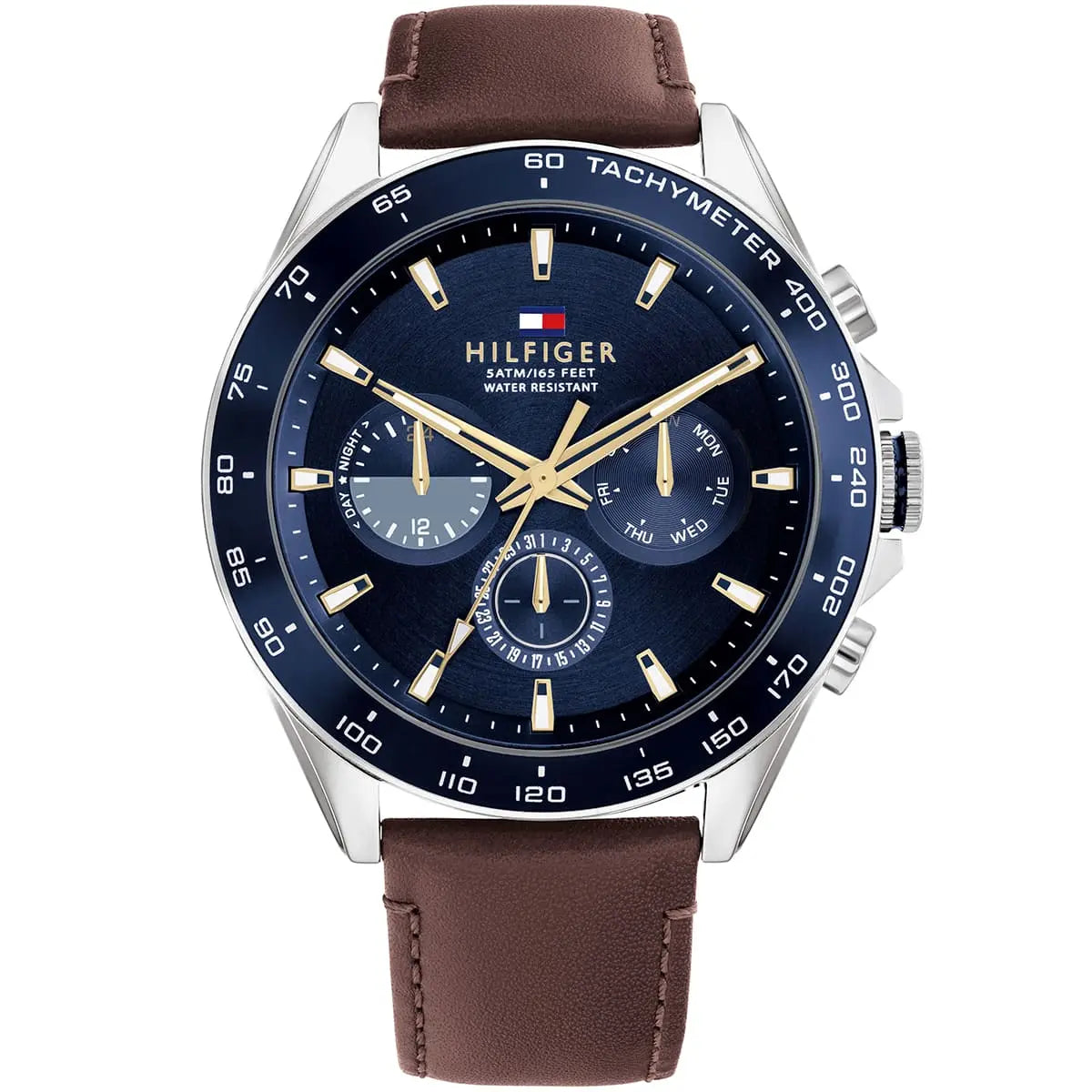 Tommy Hilfiger Owen men's chronograph watch with navy blue dial and brown leather strap