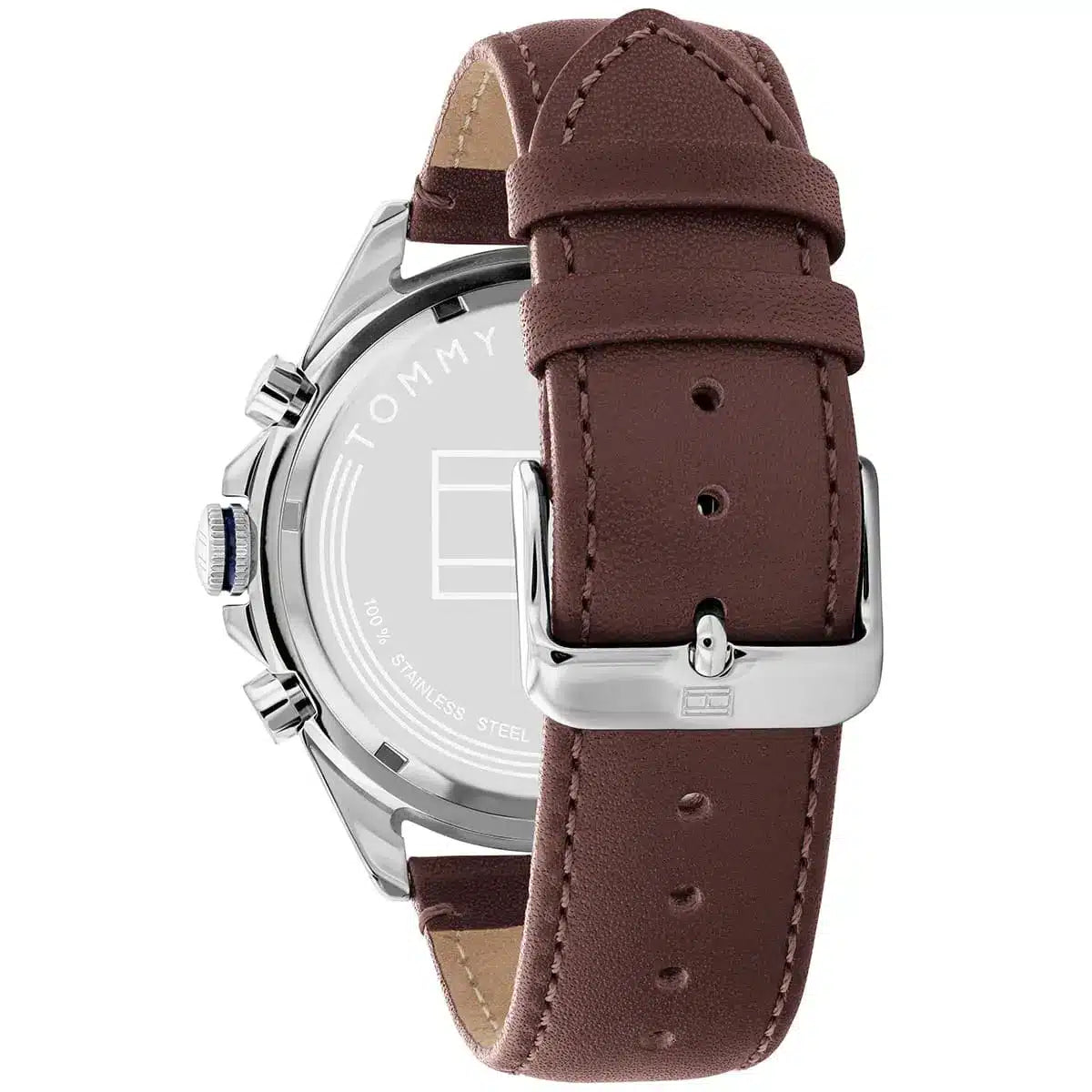 Tommy Hilfiger Owen strap detail showing brown leather and adjustment holes